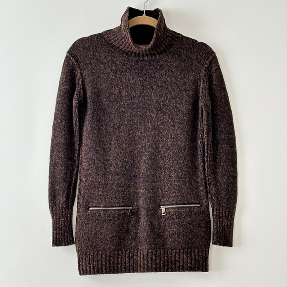 Burberry Brit Cotton & Wool Turtleneck Zip Pocket Marl Brown Fig Sweater - Picture 1 of 16